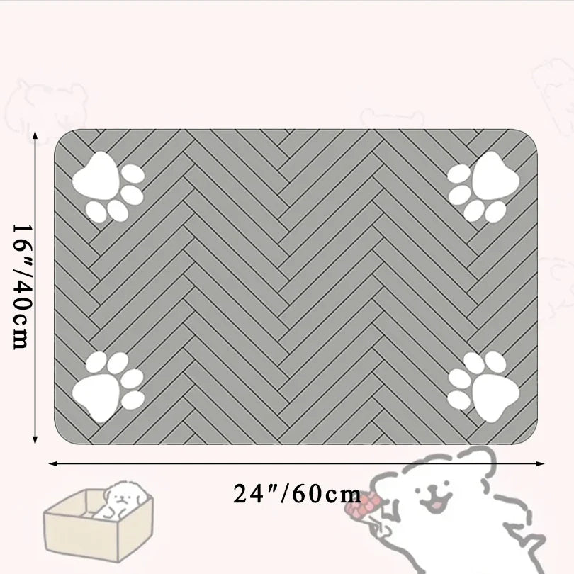 Gray pet mat with paw prints and dimensions on a white background