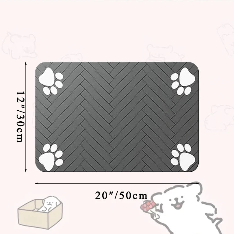 Gray pet mat with paw prints and dimensions on a white background