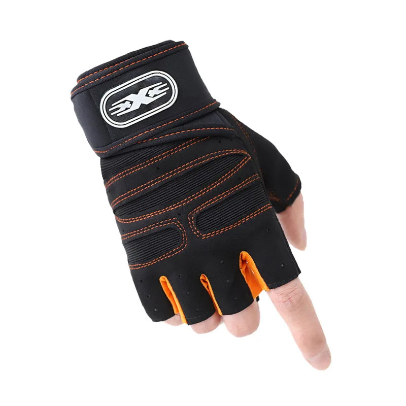 Black and orange fitness glove with brand logo on a white background