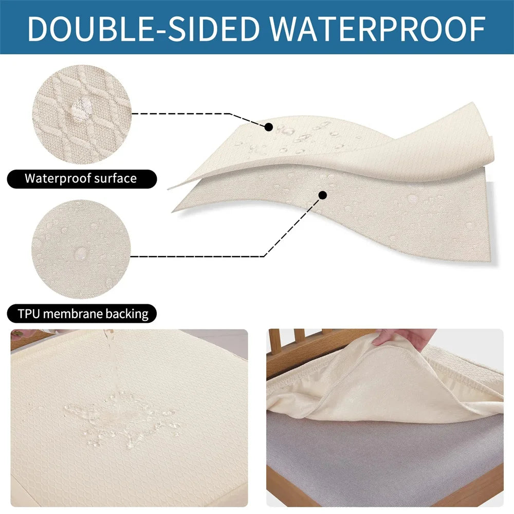 Double-sided waterproof material with TPU membrane backing, shown in close-up and application scenarios.