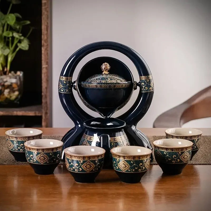 Decorative set with a central globe-like object and six matching bowls on a wooden surface.