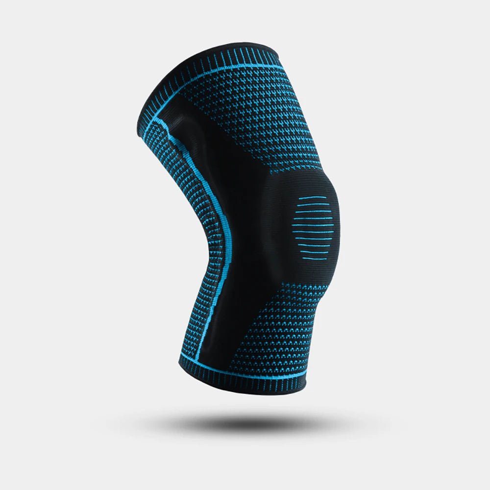 Black knee brace with blue accents on a light gray background