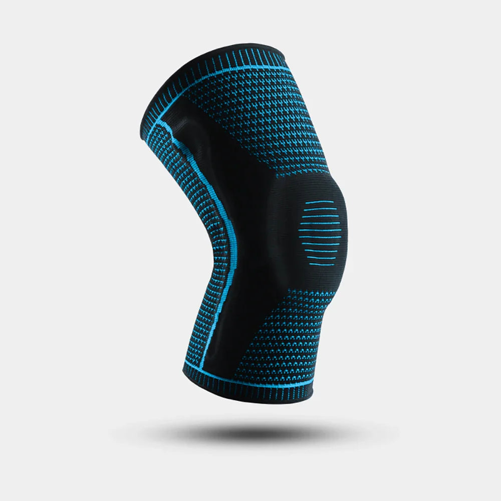 Black knee brace with blue accents on a light gray background