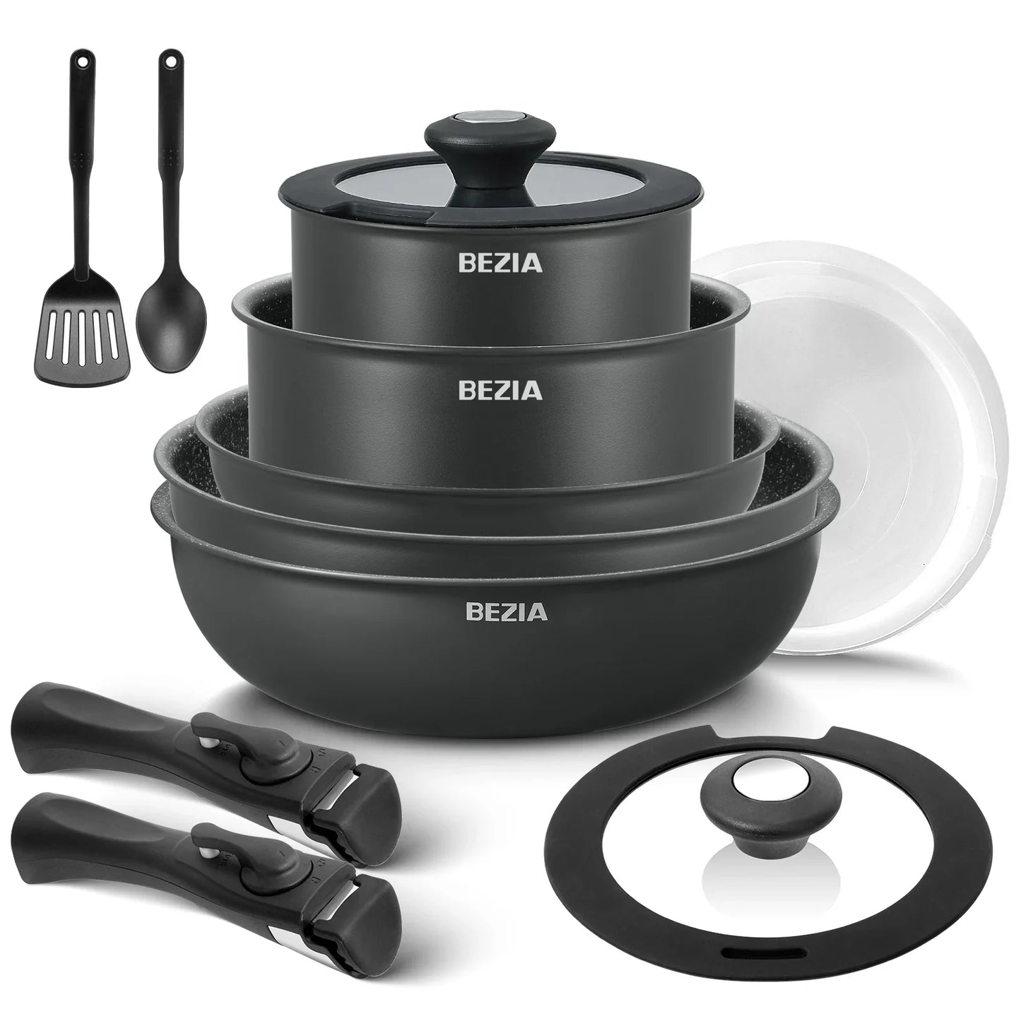 Set of black cookware with lids and utensils on a white background, featuring the brand 'BEZIA'.