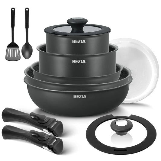 Set of black cookware with lids and utensils on a white background, featuring the brand 'BEZIA'.