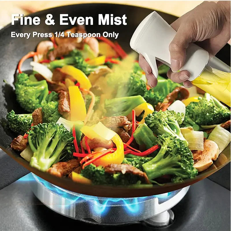 Sprayer misting vegetables in a pan with text about misting quantity