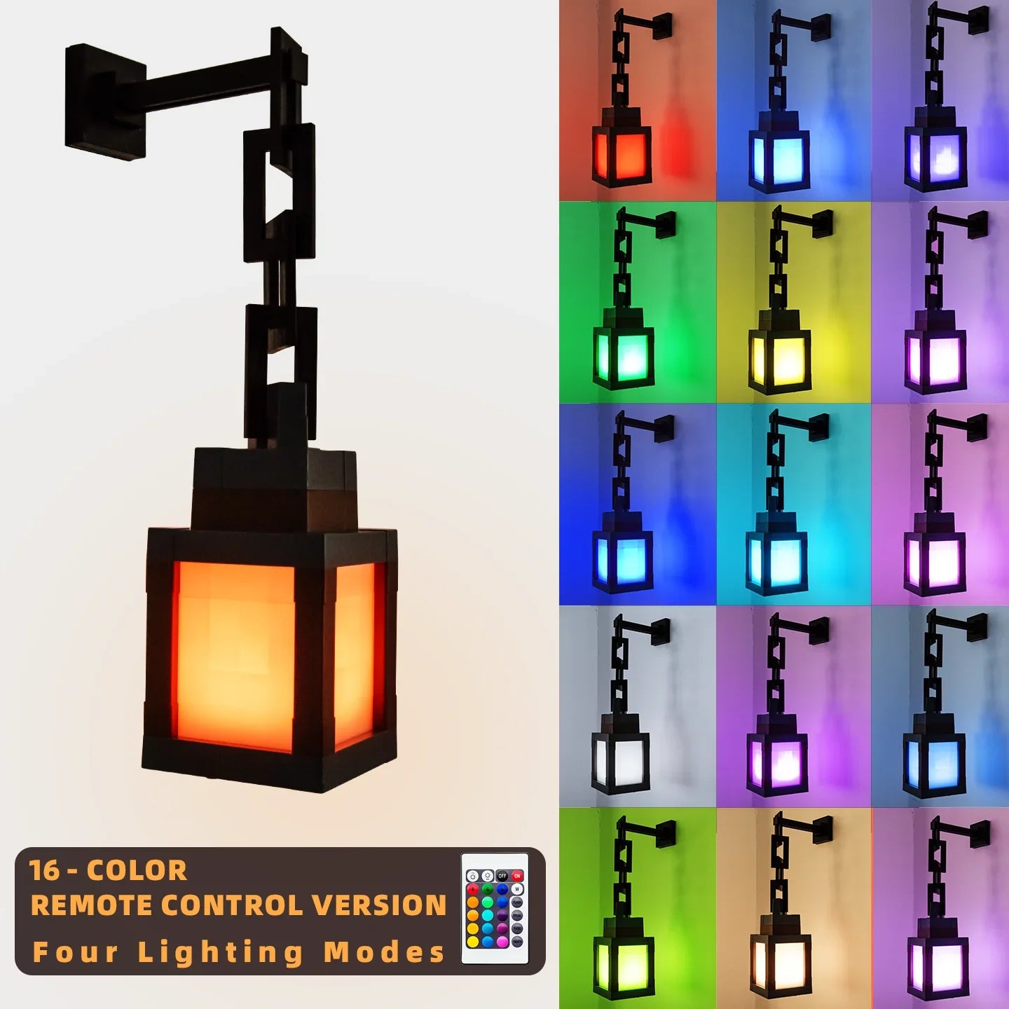 Wall-mounted light fixture with 16-color remote control feature and multiple color options.