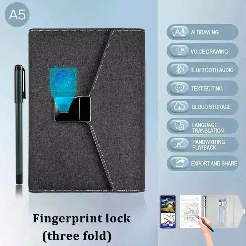 Smart notebook with fingerprint lock feature and pen on a light blue background