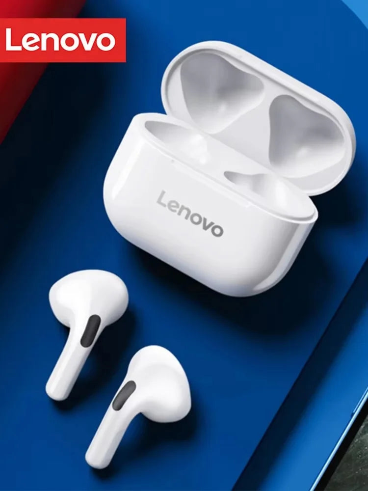 Lenovo wireless earbuds with charging case on a blue background