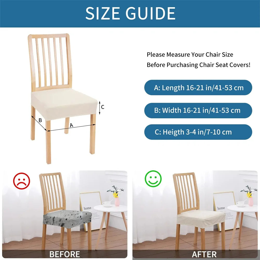 Size guide for chair seat covers with measurements and before/after comparison.