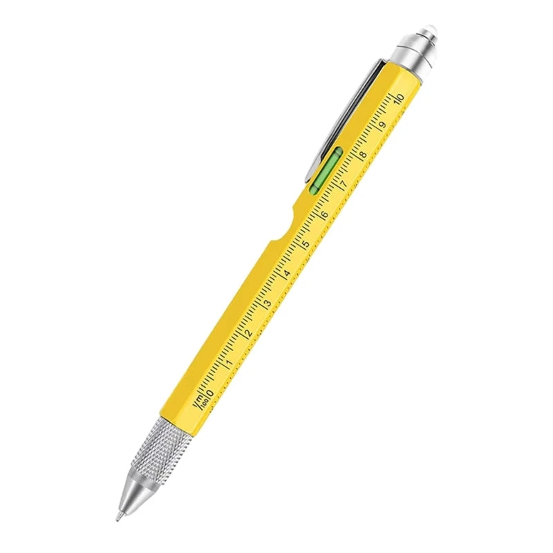 Yellow pen with ruler scale on a white background