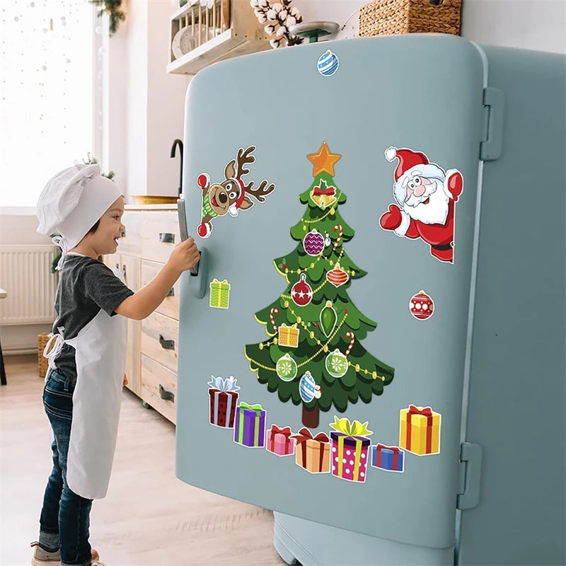 Child interacting with Christmas-themed refrigerator magnets in a kitchen setting