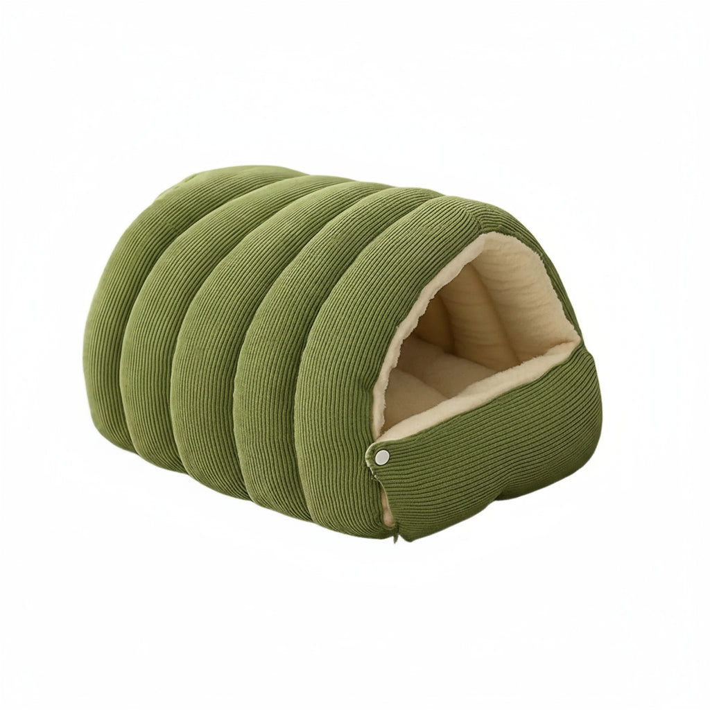 Green pet bed with dimensions on a white background