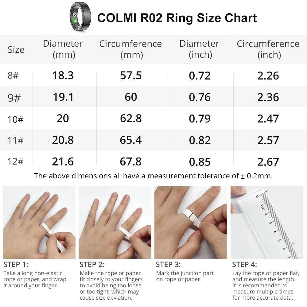 COLMI R02 Ring Size Chart with measurements and usage instructions.