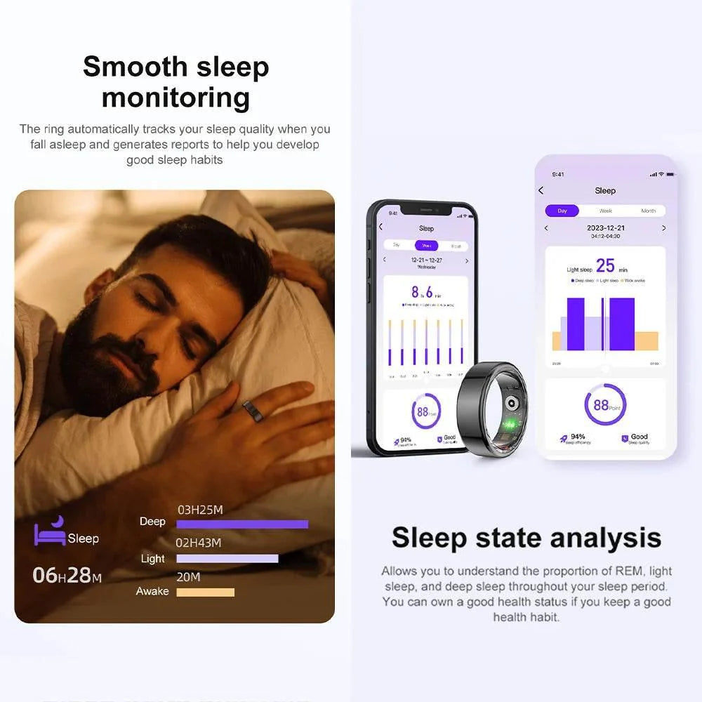 Sleep monitoring device with smartphone app showing sleep data on a white background