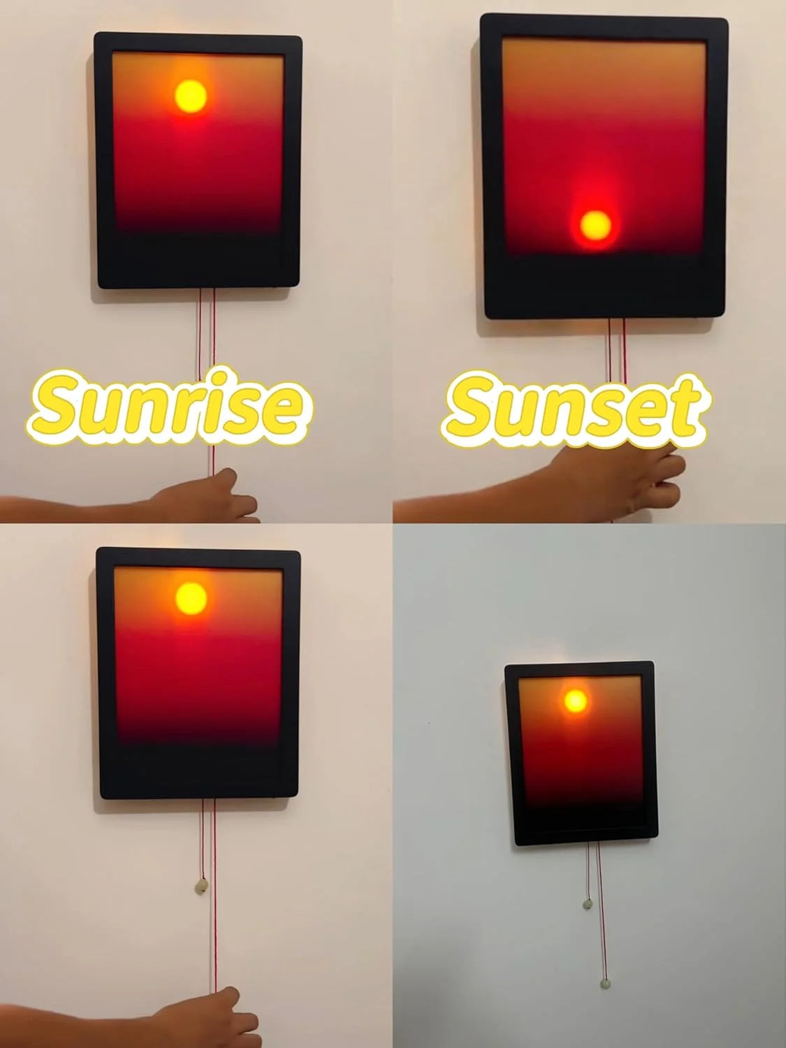 Two digital displays showing sunrise and sunset with a hand adjusting the time.