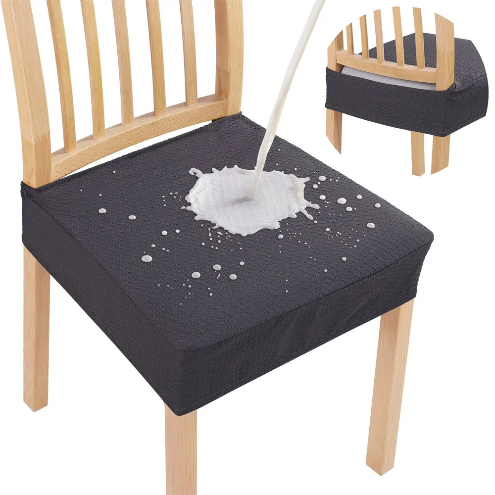 Black chair cushion with a water spill design on a wooden chair.