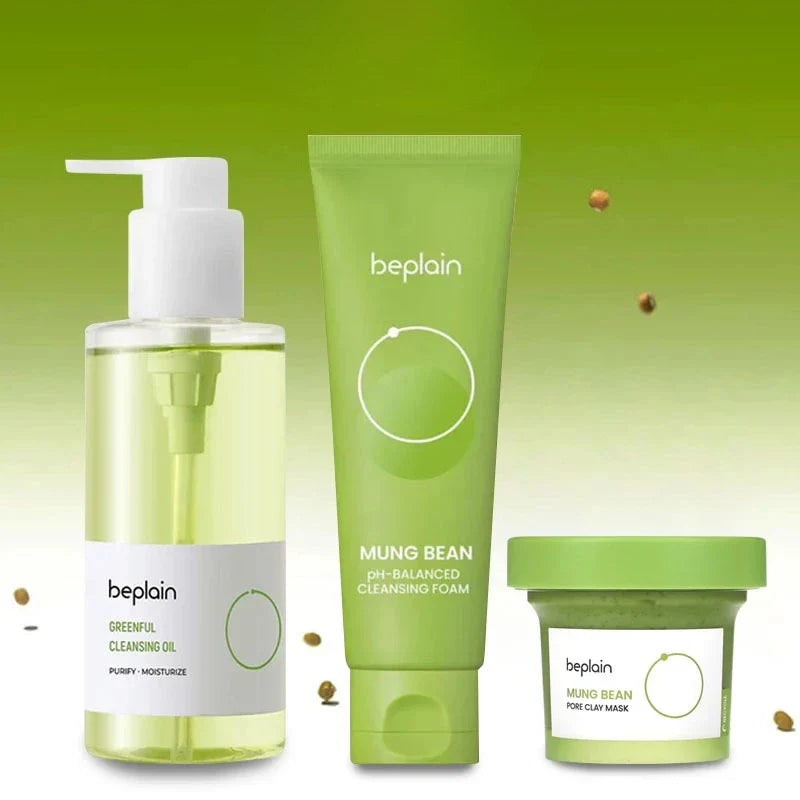 Beplain skincare products including cleansing oil, cleansing foam, and clay mask on a green background