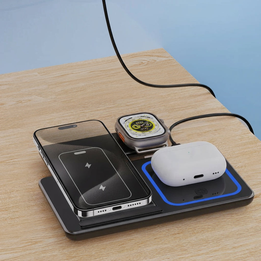 Wireless charging pad with smartphone, Apple Watch, and wireless earbuds on a wooden surface.