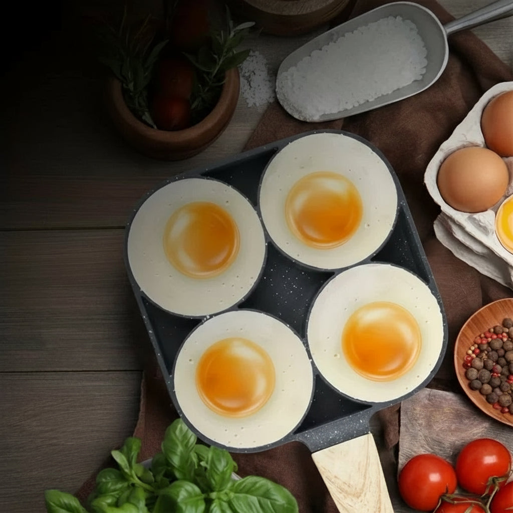 Eggs in a pan with text 'Make a Breakfast of Champions for the Whole Family' on a wooden surface.