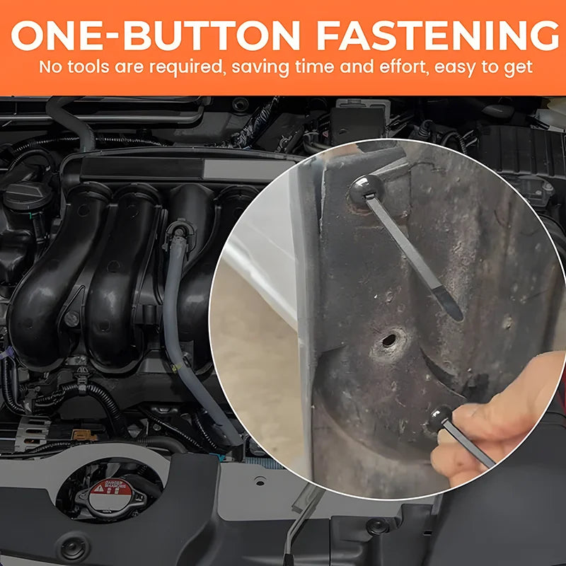 Engine compartment with one-button fastening feature and tool illustration.