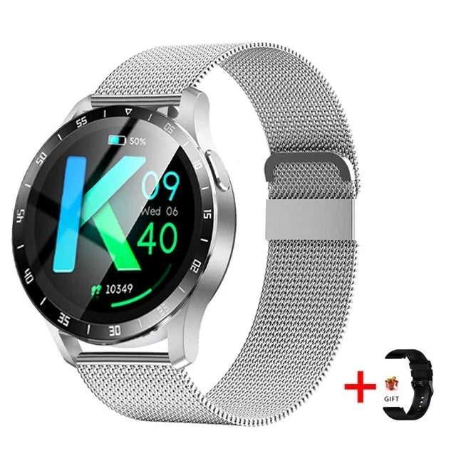 Silver smartwatch with digital display on a white background