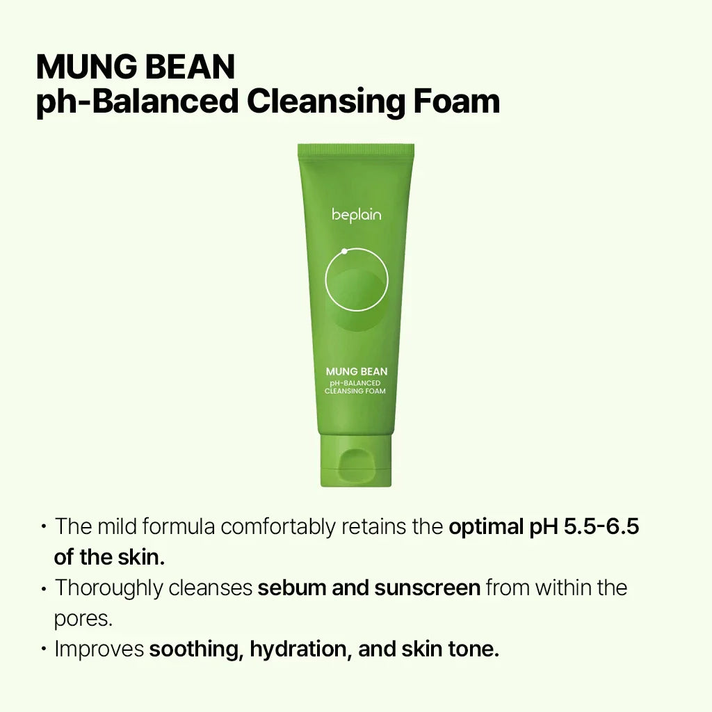 Green tube of Mung Bean ph-Balanced Cleansing Foam with product details on a white background