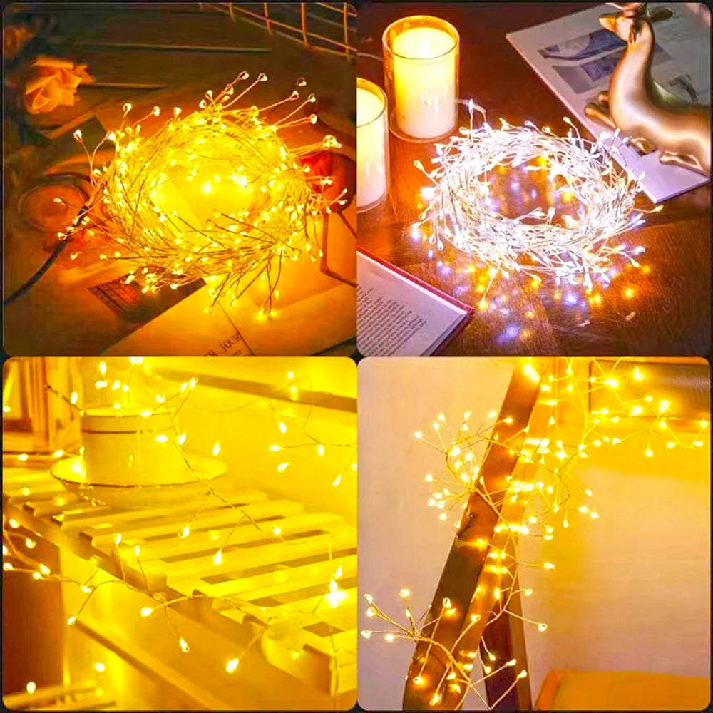 Collage of string lights in various settings with candles and books.