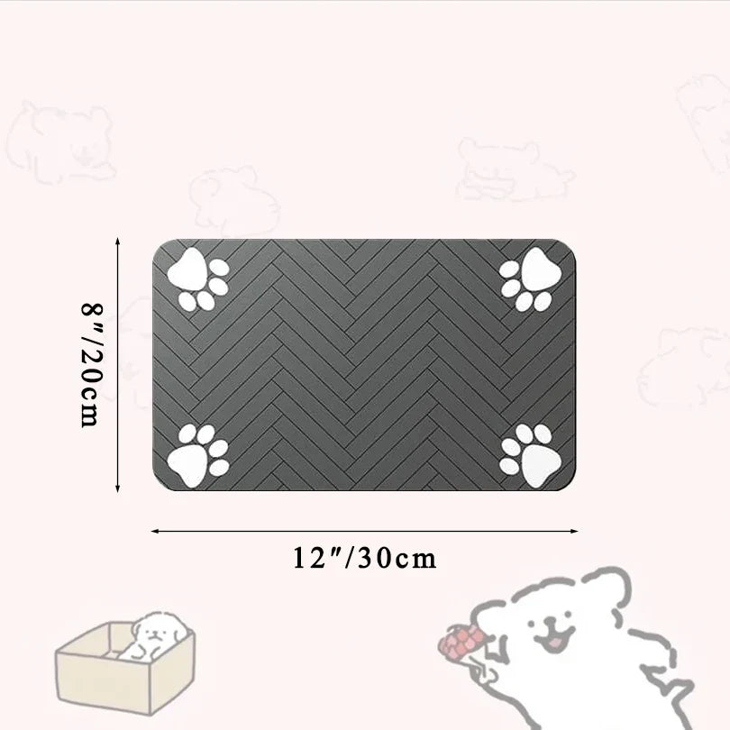 Pet mat with paw prints and dimensions on a white background
