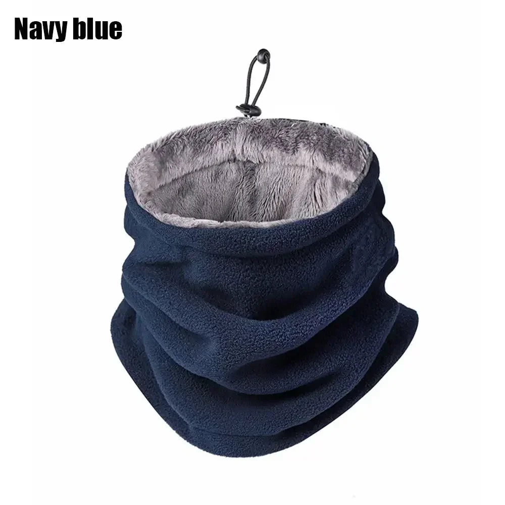 Navy blue neck gaiter with gray interior on a white background
