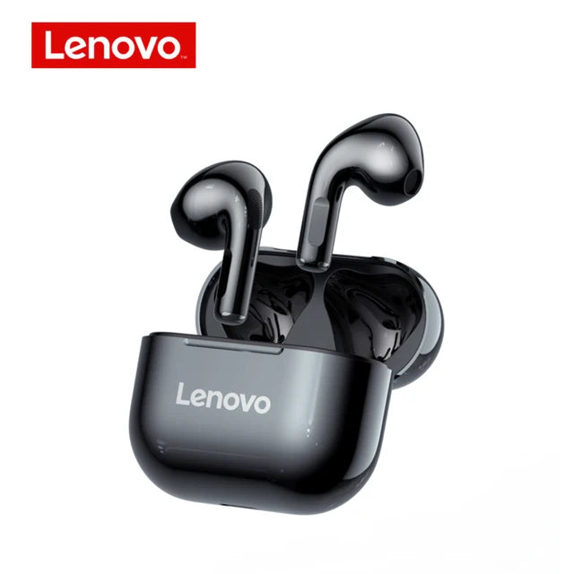 Lenovo wireless earbuds with charging case on a white background