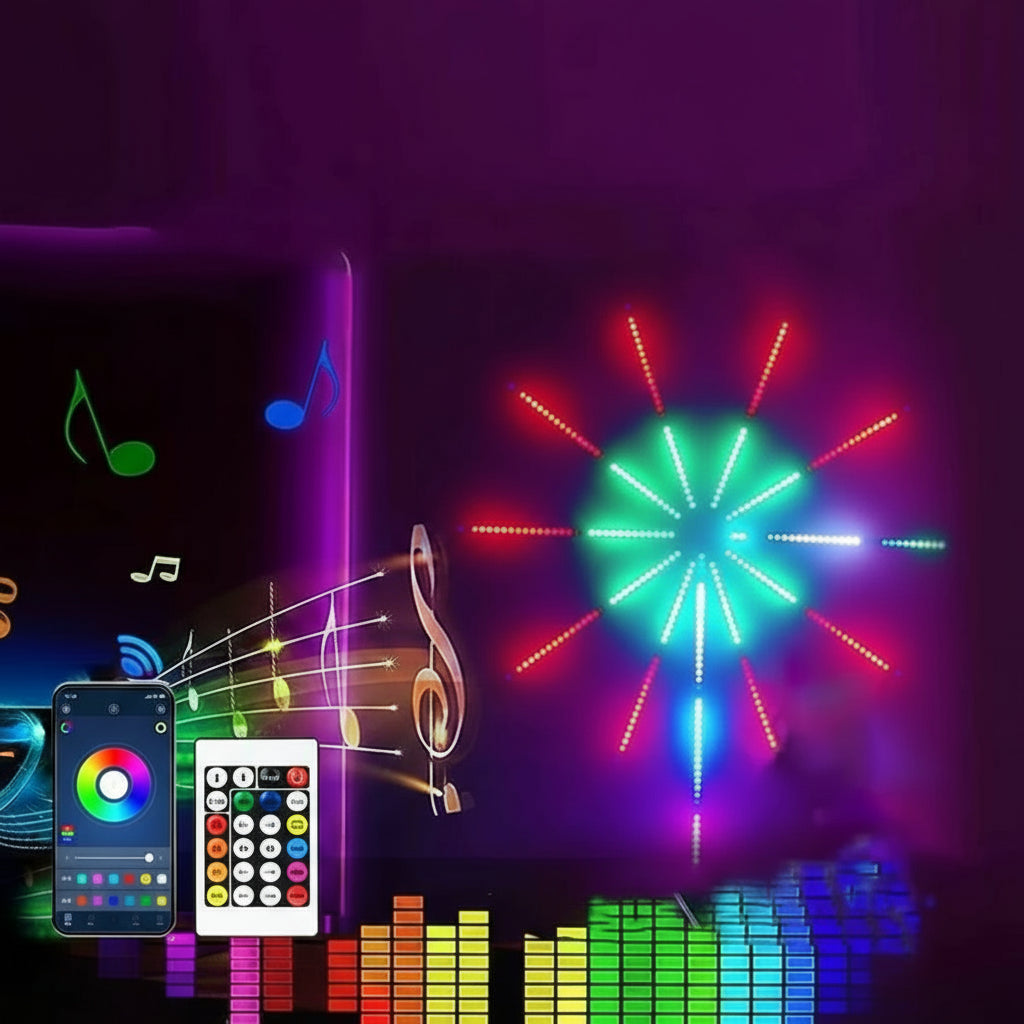 APP LED Fireworks lamp with colorful display and control interface on a dark background