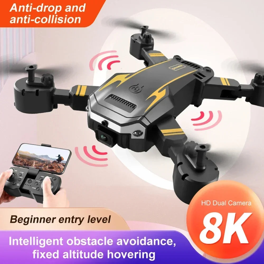 Black and yellow drone with smartphone controller on a light background