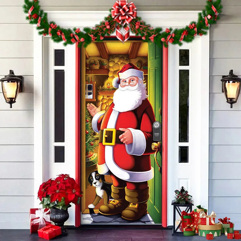 Decorative door with Santa Claus design, Christmas decorations, and gifts.