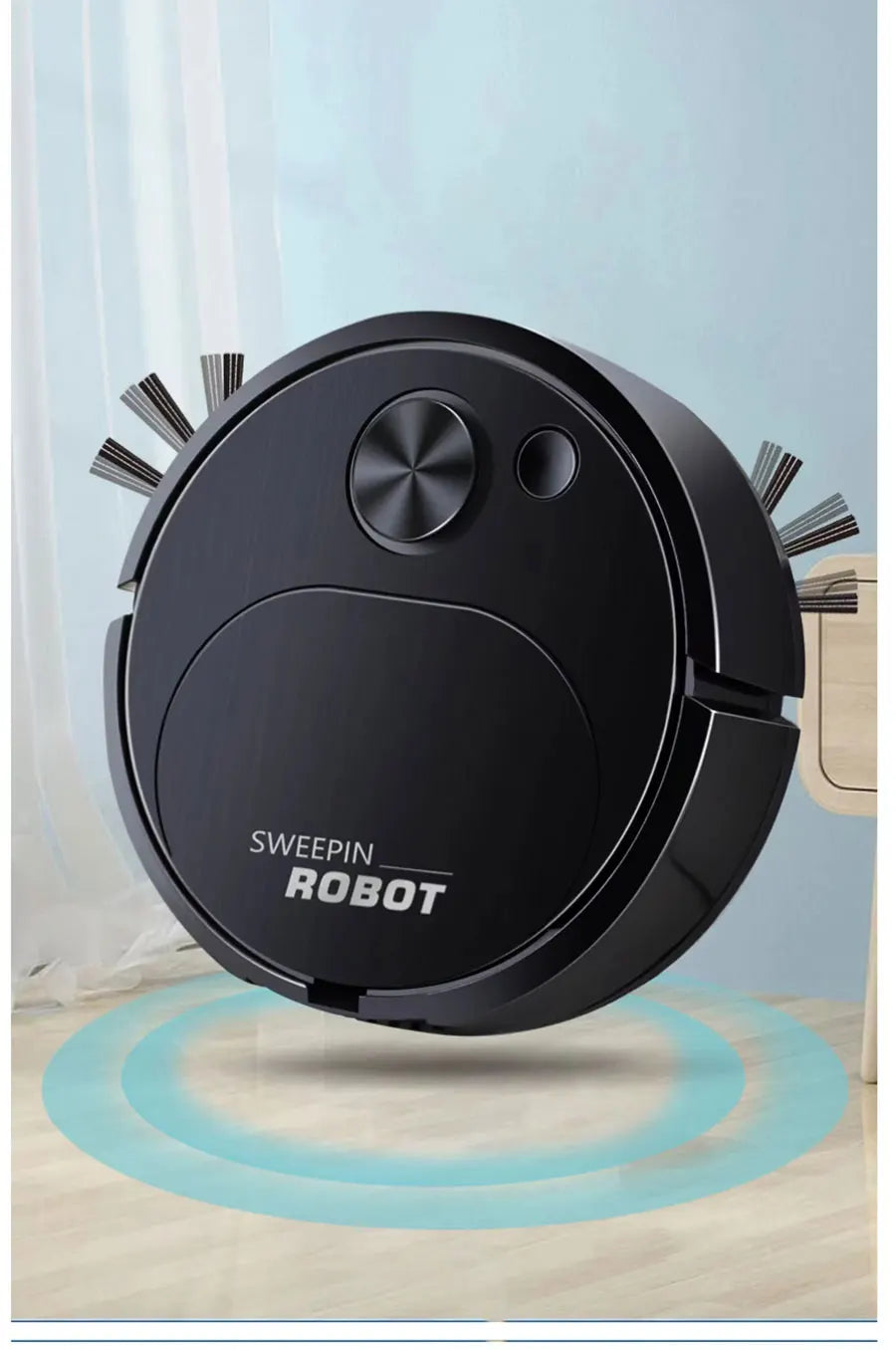 Black robot vacuum cleaner on a light blue background