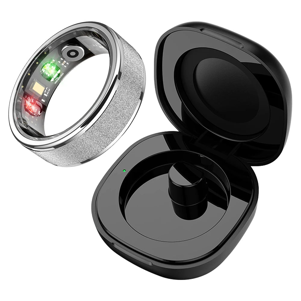 Silver ring with digital display and black charging case on a white background