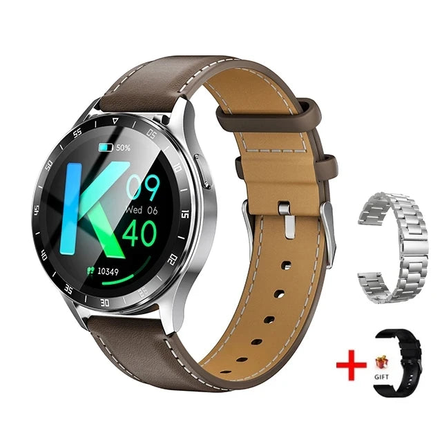Smartwatch with brown leather strap and additional band on a white background