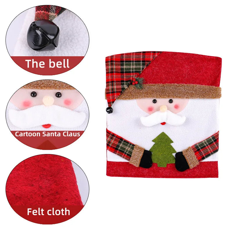 Cartoon Santa Claus decoration with bell, felt cloth, and plaid details on a white background.