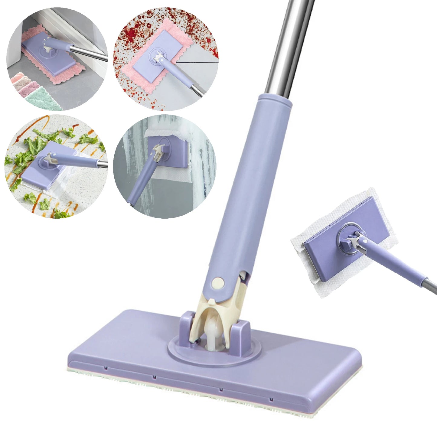 Purple cleaning mop with interchangeable heads on a white background