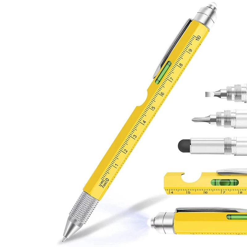 Yellow pen with ruler and multiple tips on a white background