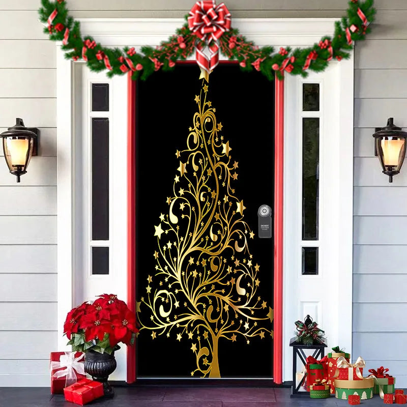 Decorative Christmas door with gold tree design, red bow, and festive decorations.