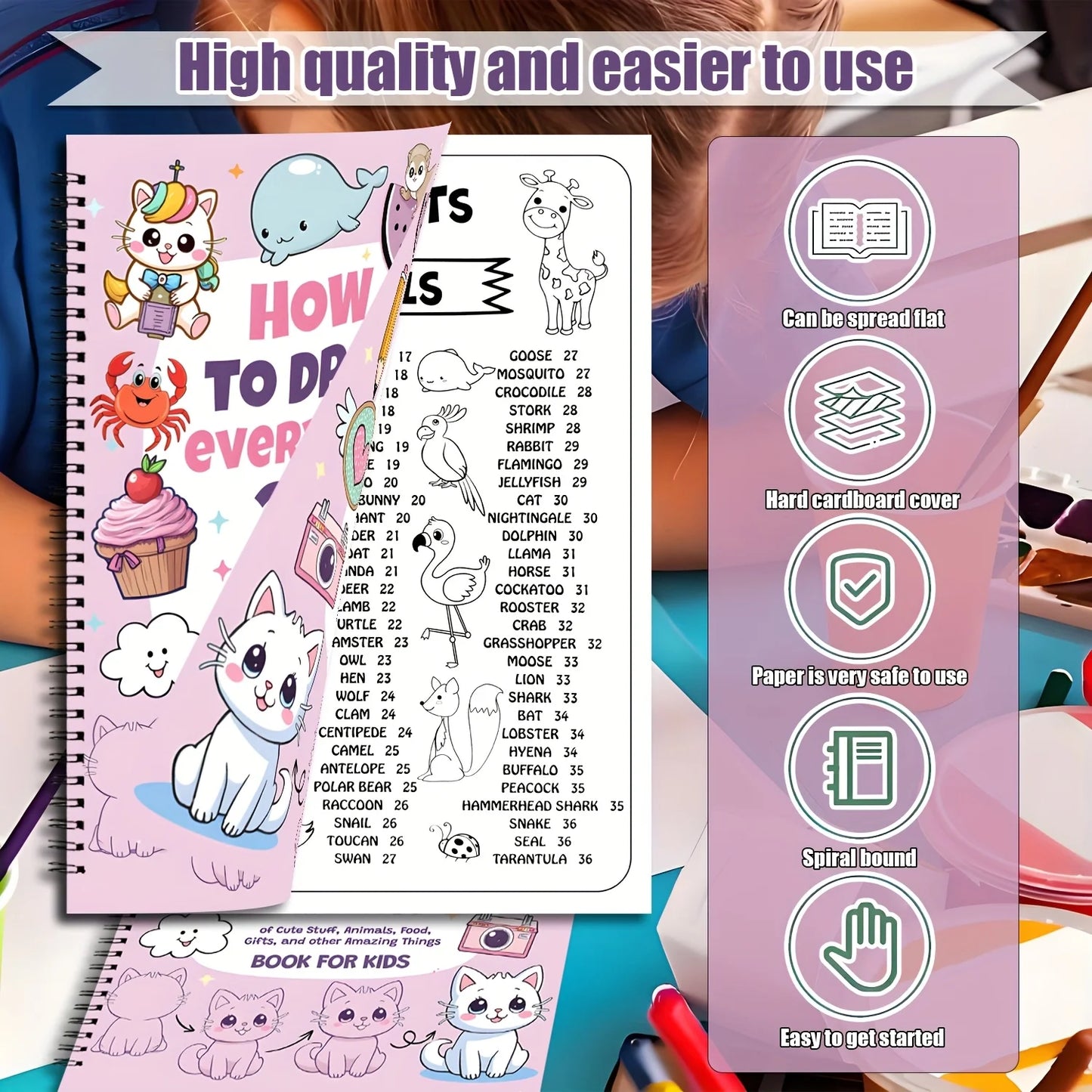 Children's activity book with cartoon animals and text, showing features like spiral binding and hard cardboard cover.