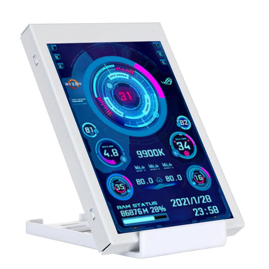 Digital display with a white stand on a white background