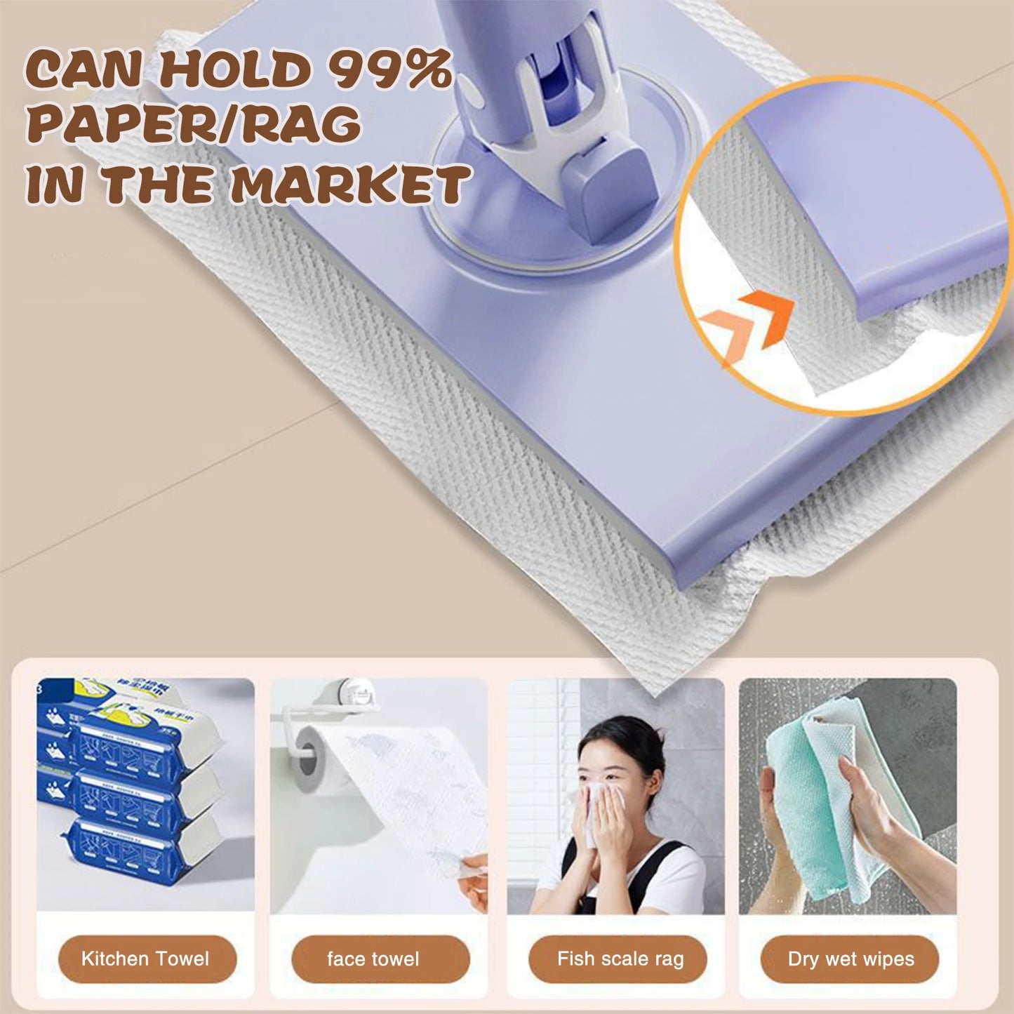 Cleaning tool with text highlighting its effectiveness, shown in use scenarios.