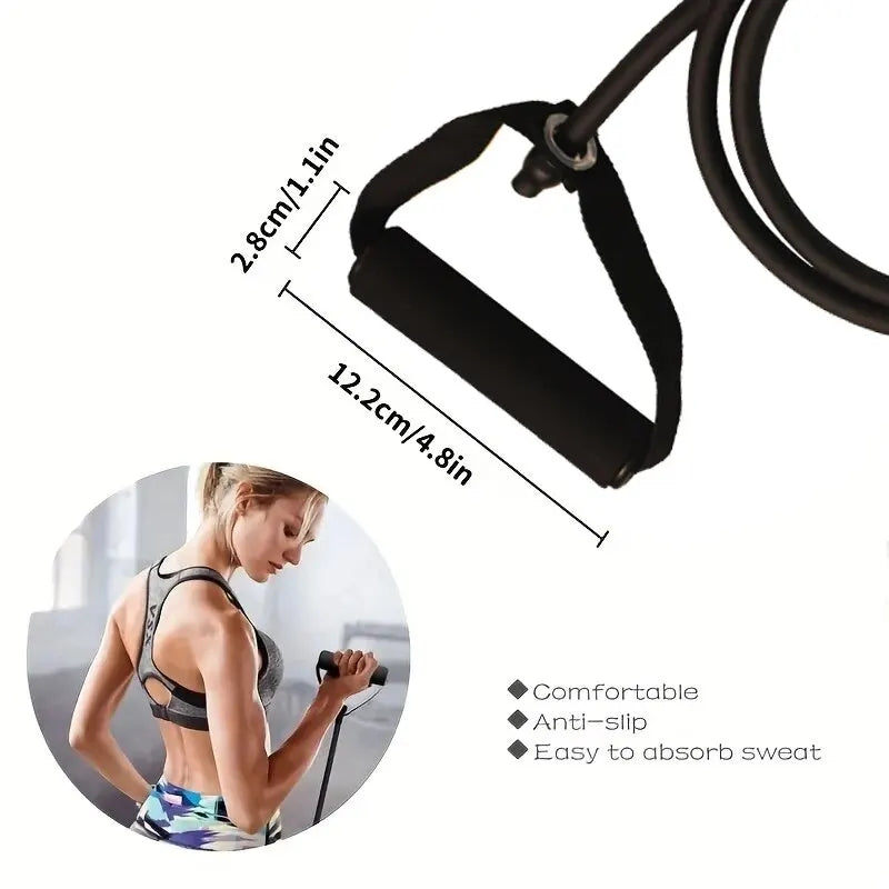 Black resistance band with measurements and a woman exercising in the background