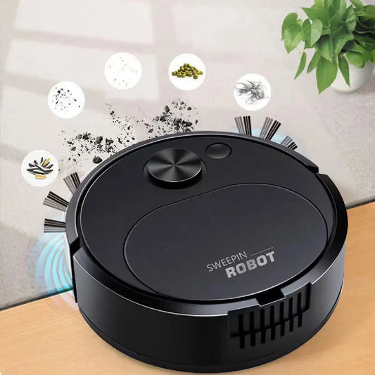 Black robot vacuum cleaner on a wooden surface with icons of dirt and debris.