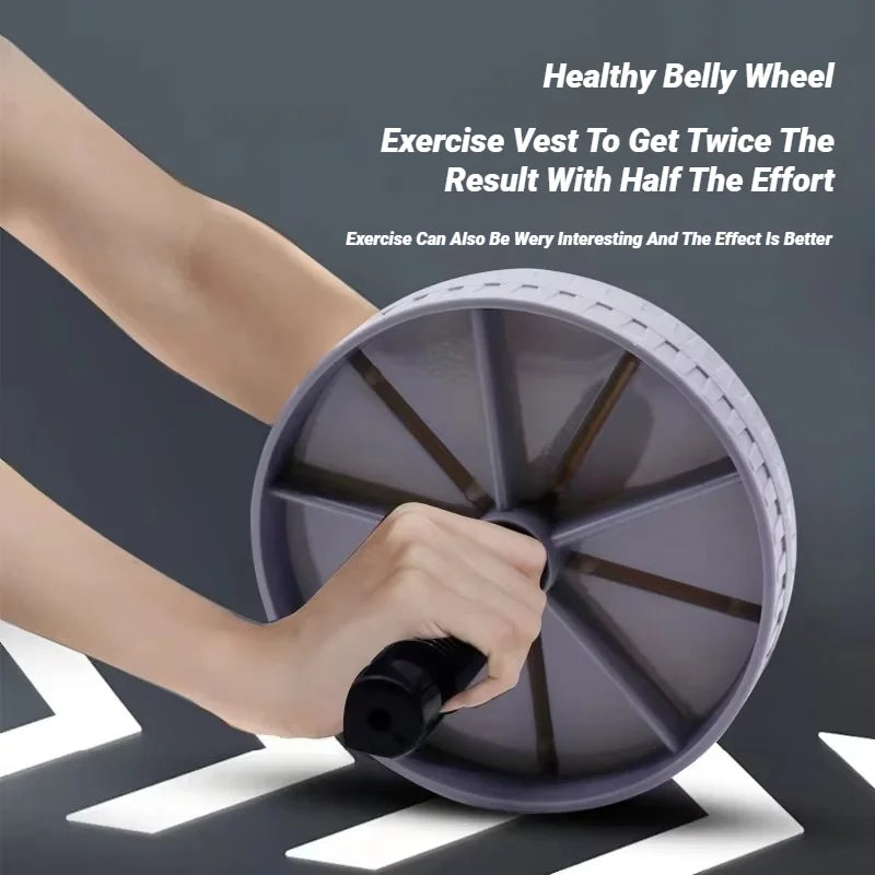 Person using a gray exercise wheel with promotional text on a dark background
