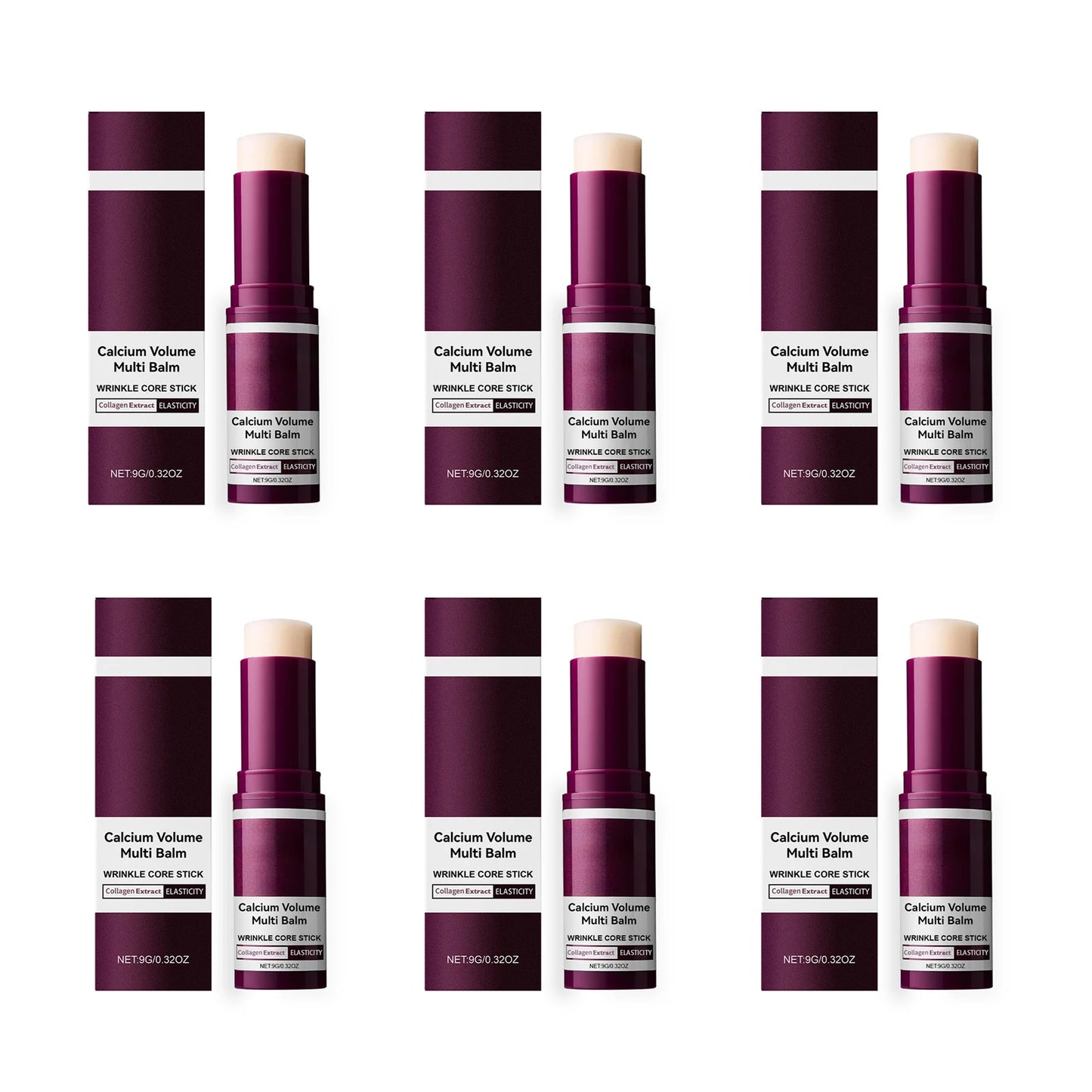 Multiple bottles of Calcium Volume Multi Balm arranged in a grid on a white background.