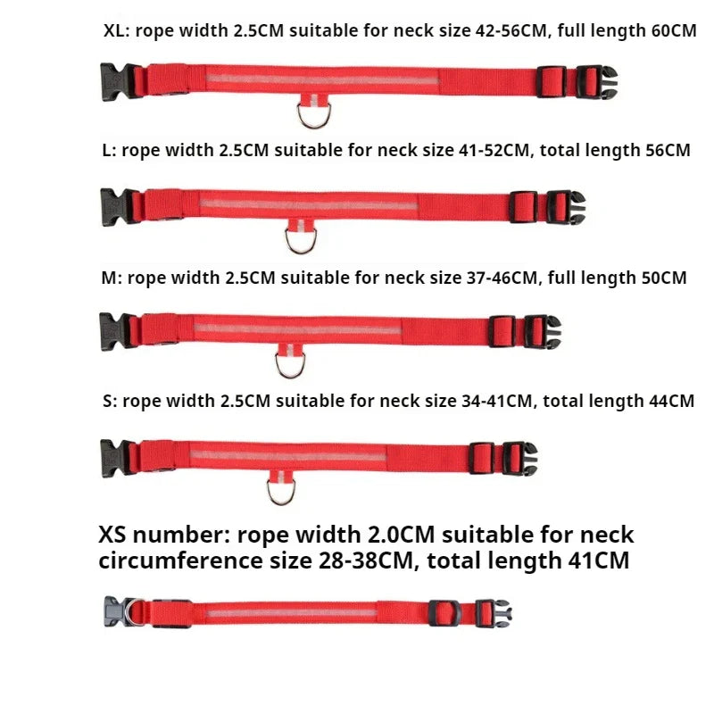 Red dog collars of different sizes with measurements on a white background