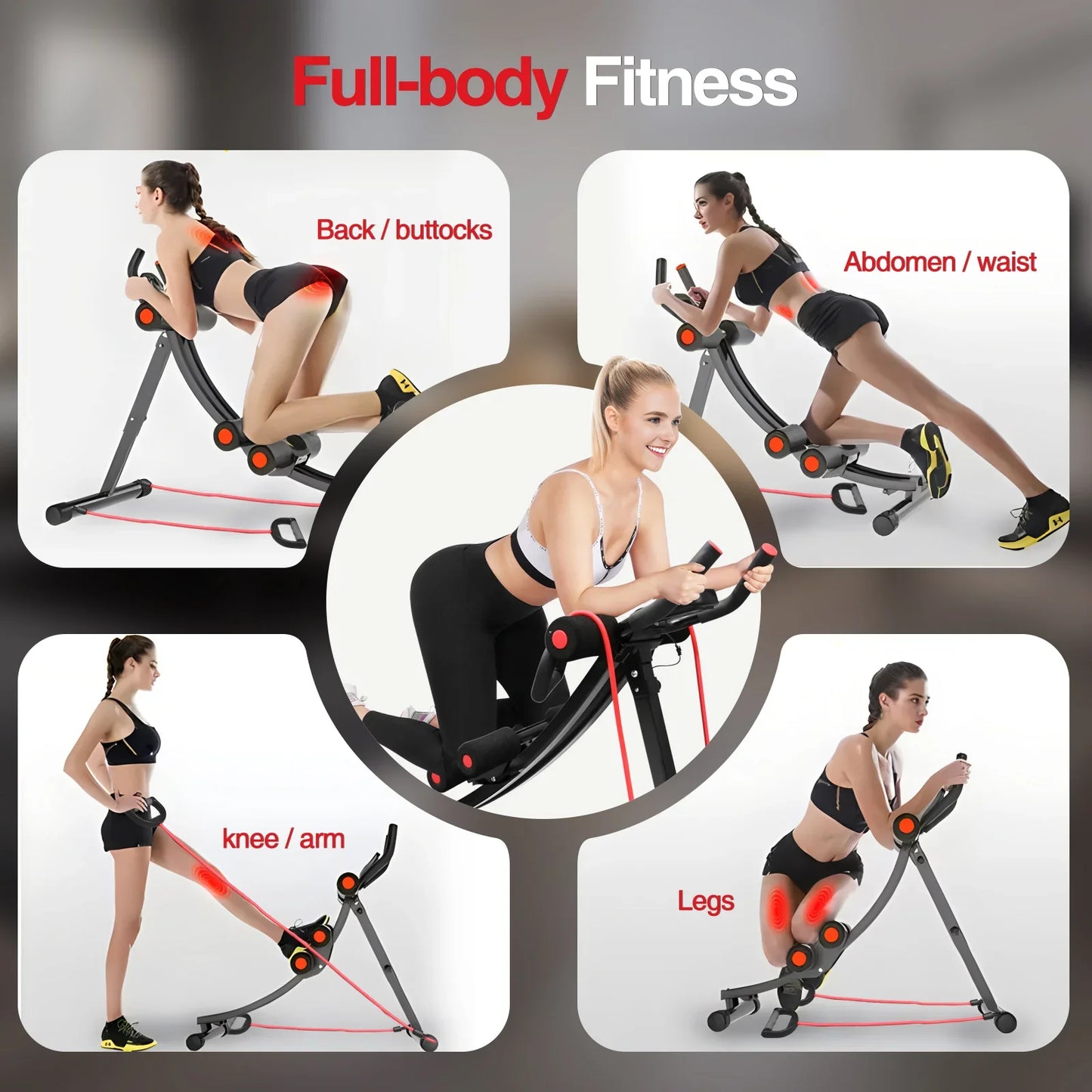 Woman using a full-body fitness machine with labeled parts for different body areas on a gray background.